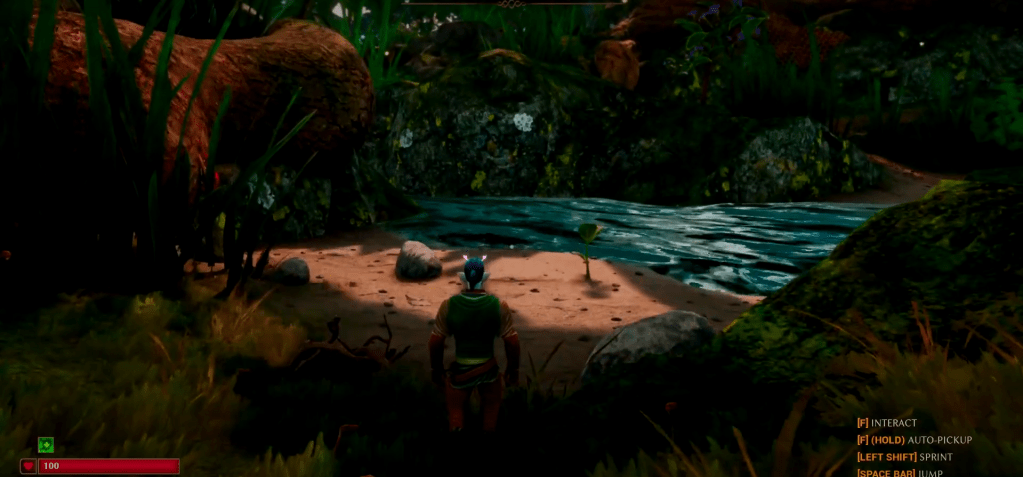 A small, sandy, beach with some pebble stones on it and a sprig of a leaf. Clear, blue, water is on the other side of the beach.