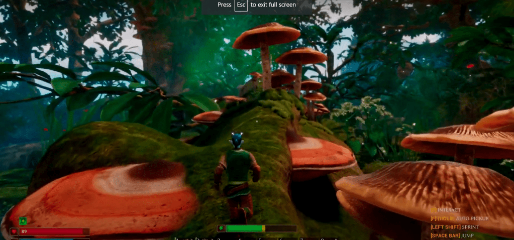 A mossy log with a tiny, male, fairy with blue hair running on it. A bunch of mushrooms, brown, growing on it. In the distance, trees, branches, and other green foliage.