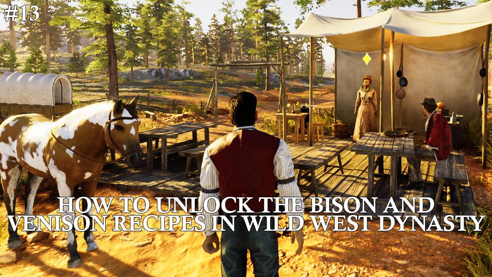 A man dressed in Wild West clothes standing before a tented, dining, area. A Paint horse at his left. Before him are two individuals. One is a woman serving food and the other is a well-dressed man sitting at a table.