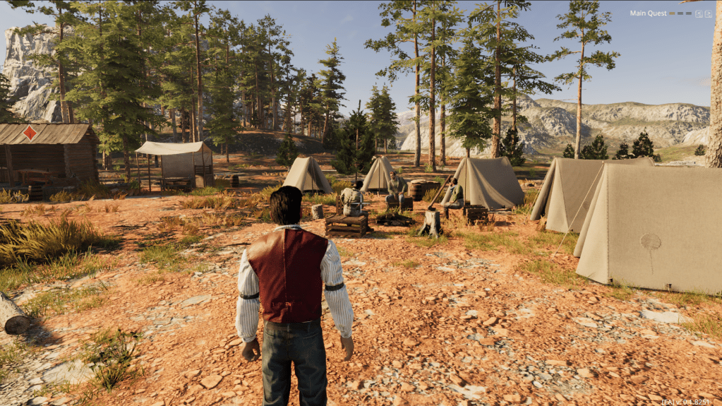Overlooking a lumberjack camp with three lumberjacks seated around a fire.