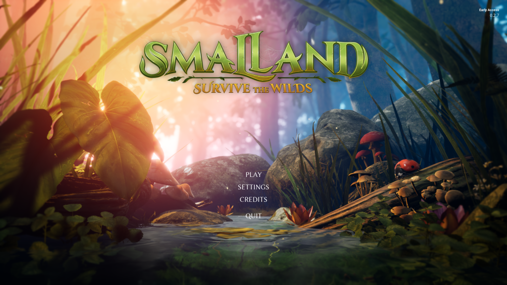 A game menu screen with standard game mode settings. Pictured is a small pond with a ladybug crawling on a log. In the background is a ring of stones and beyond them is a forest.