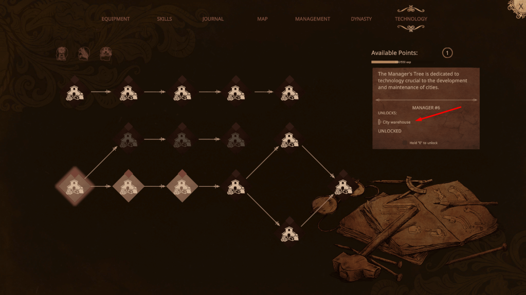 Tech tree menu showing the location of the warehouse.