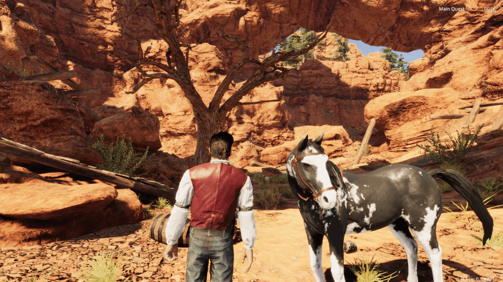 A black and white horse, patched, standing close to a tree in a desert environment.