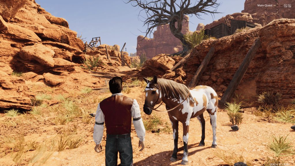 A horse (Paint) with brown and white patches in a desert environment.