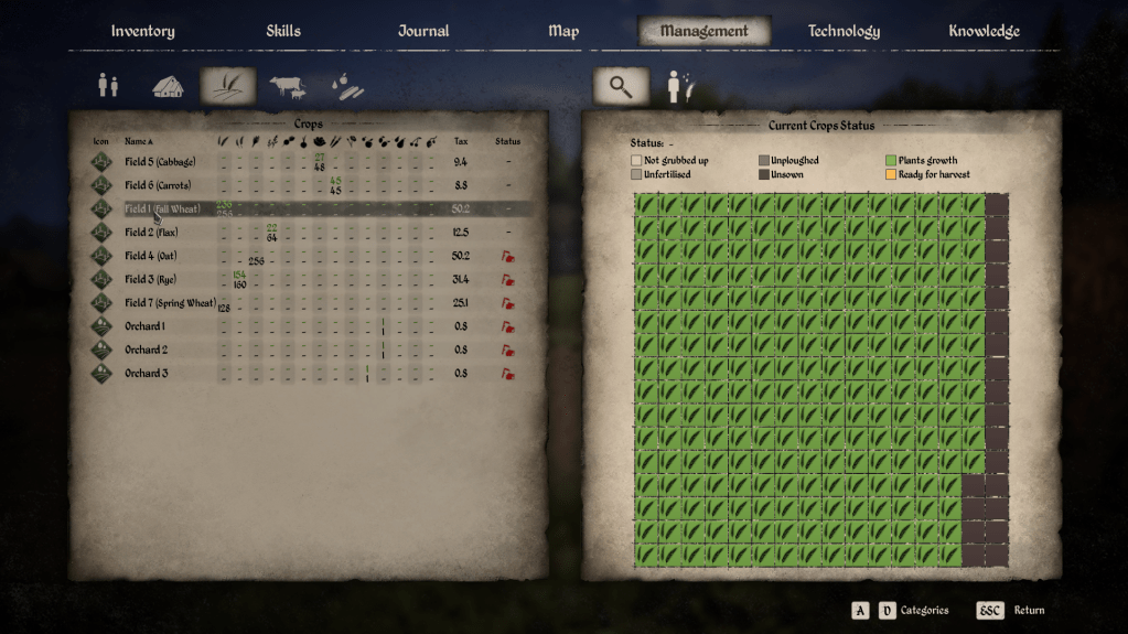 Management menu showing the crops growing in a field.