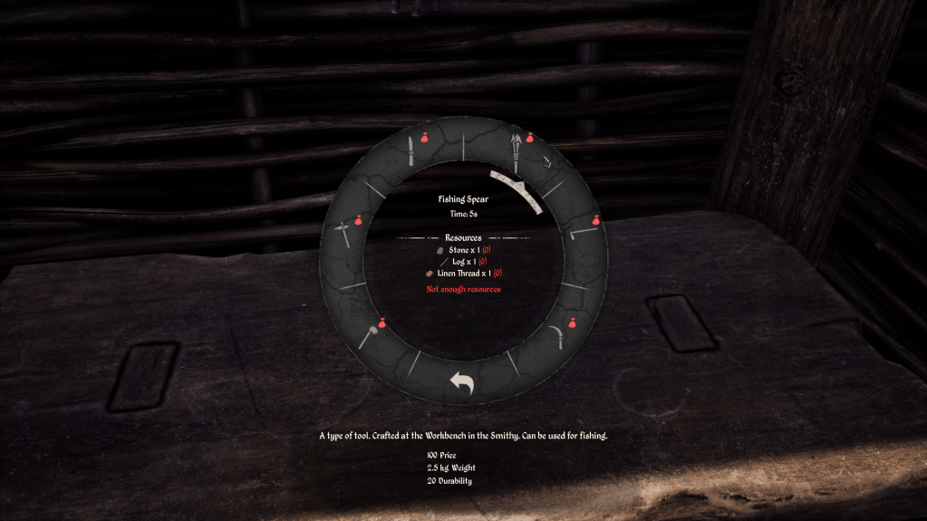 Crafting wheel showing how to make a fishing spear and its resources.