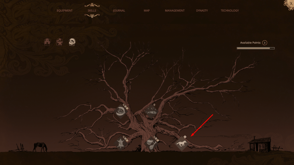 A skill tree UI with a red arrow pointing towards the summon horse skill node.