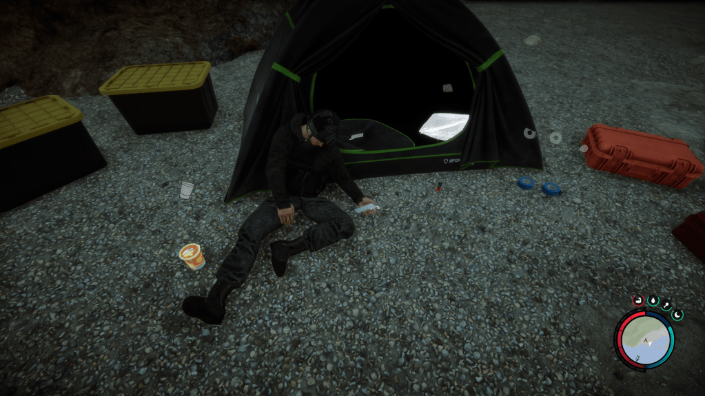A dead body resting against a tent and holding the shotgun rail.