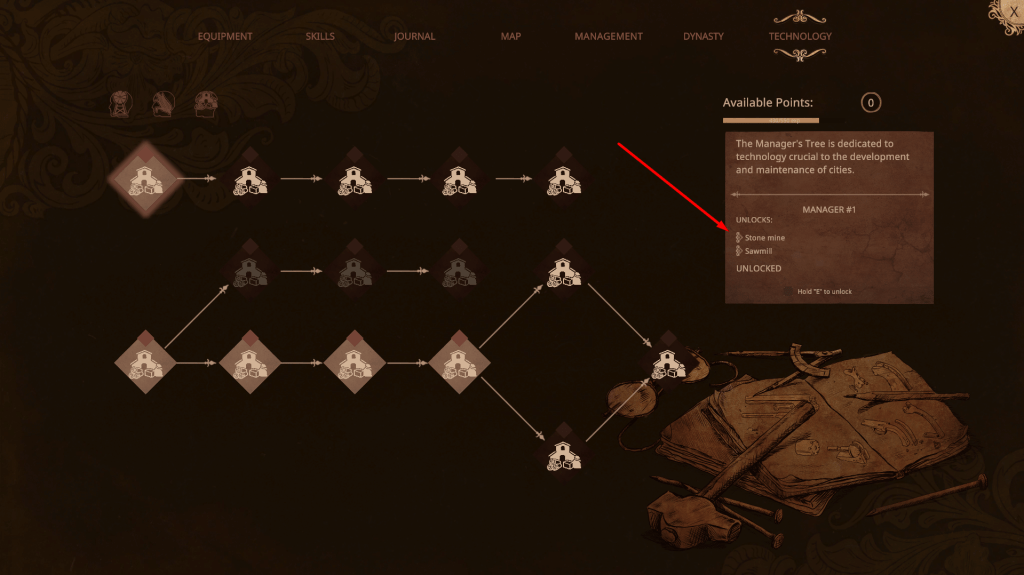 Tech tree showing the node which has the stone mine building on it.