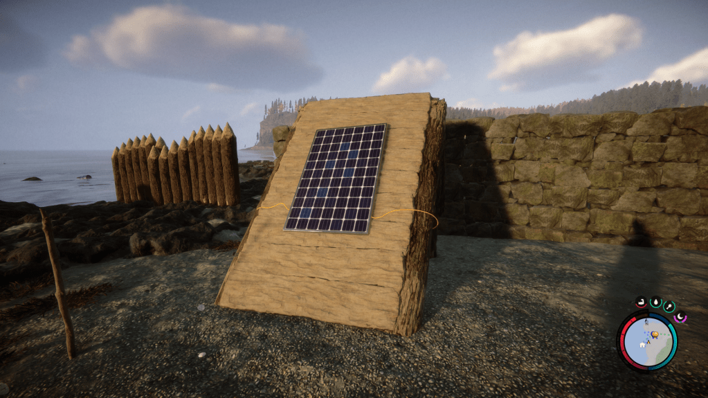 A solar panel resting on a wooden ramp.