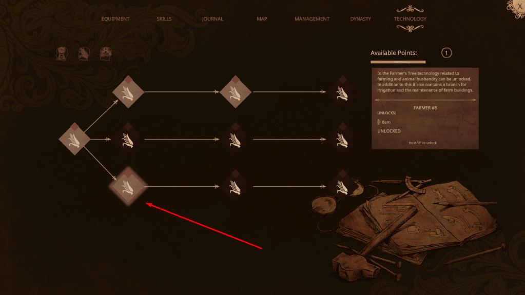 Tech tree with the barn node requiring three tech points.