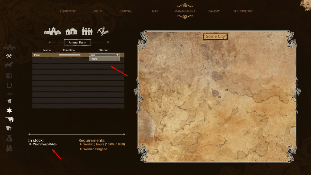 Assignment menu showing where to assign workers and what those workers will produce.