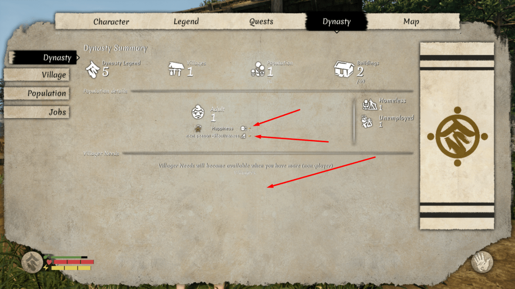 Menu showing the needs of villagers and their happiness.