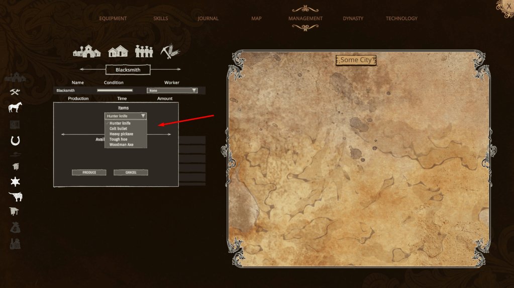 Blacksmith management menu for assigning workers and items to produce.