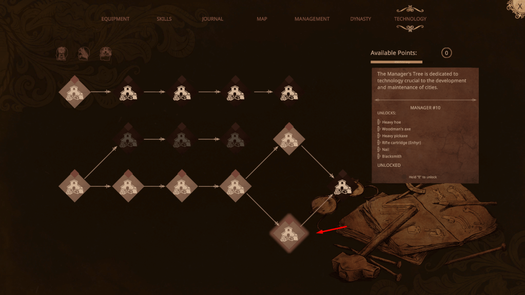 Management tree showing the node to unlock the blacksmith.