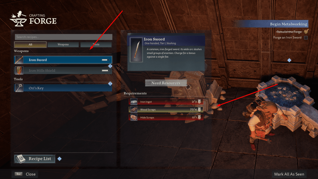 Crafting menu for the forge.