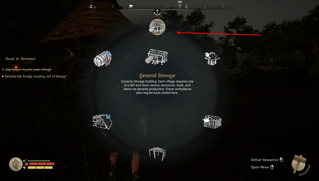 Quick-wheel showing the location of the general storage building blueprint.