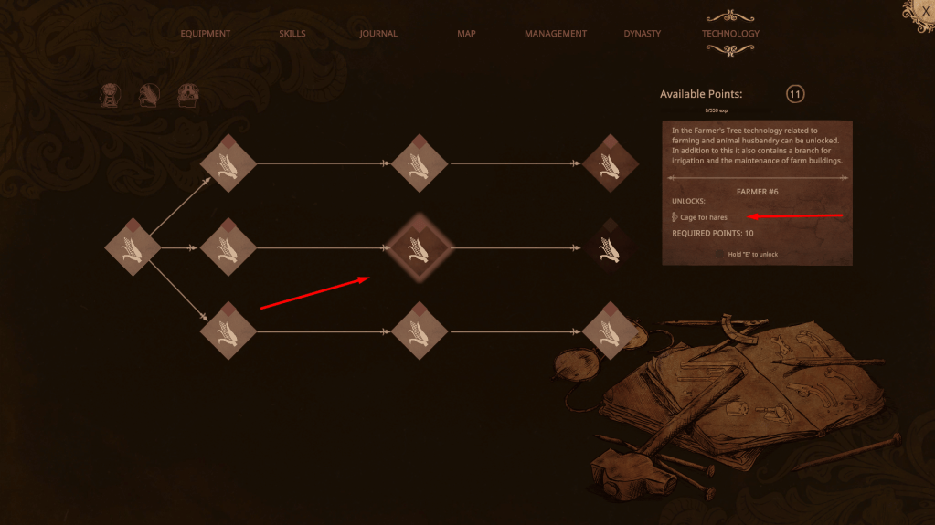 Tech tree showing the hare cage tech node and its tech point requirement.