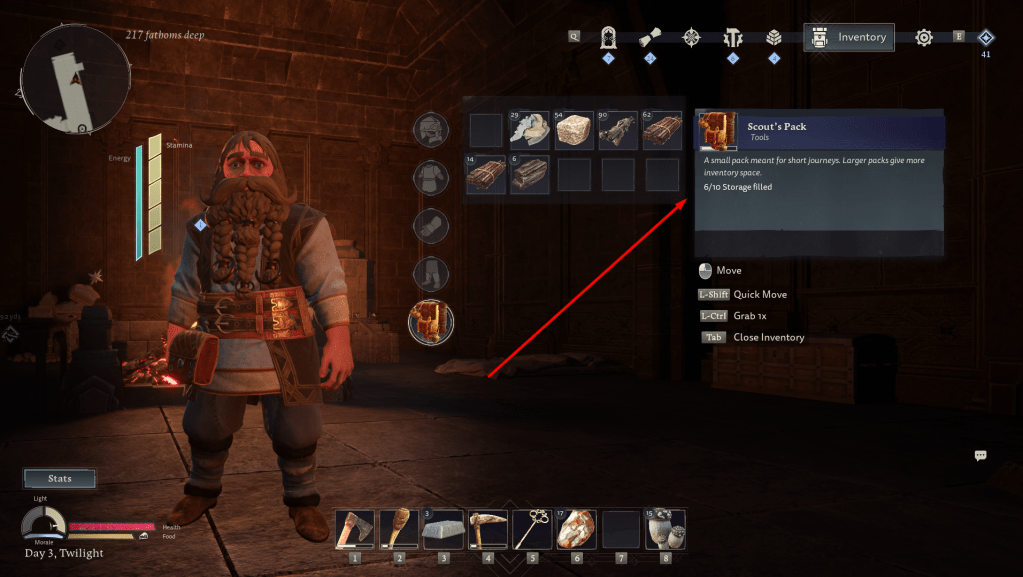 Pack showing how many inventory slots it has.