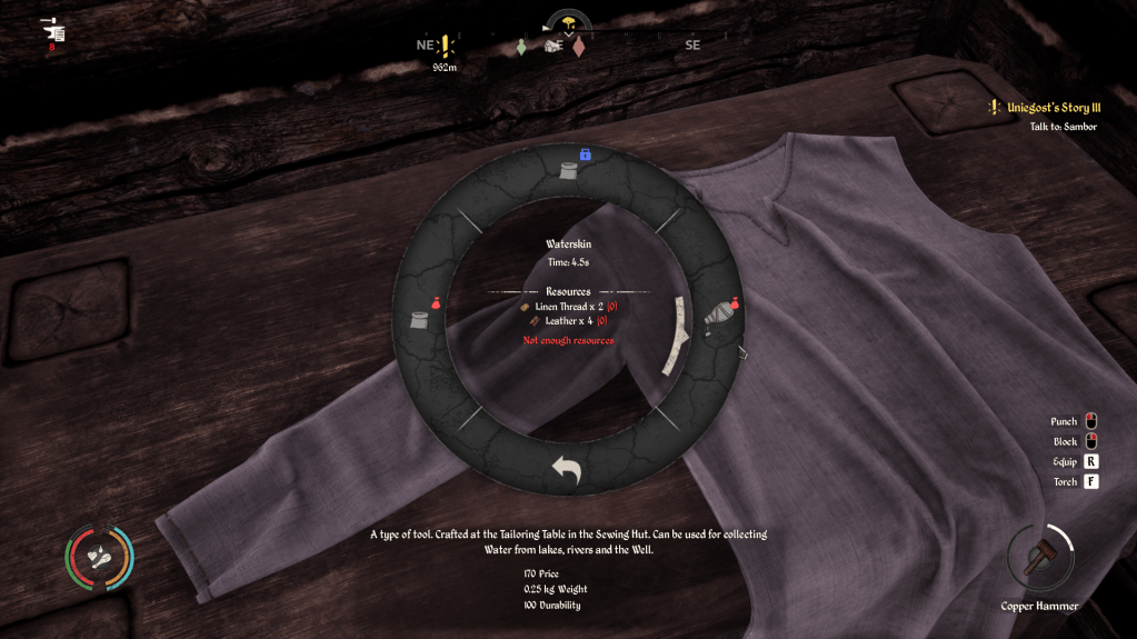 Making two waterskins at the sewing hut