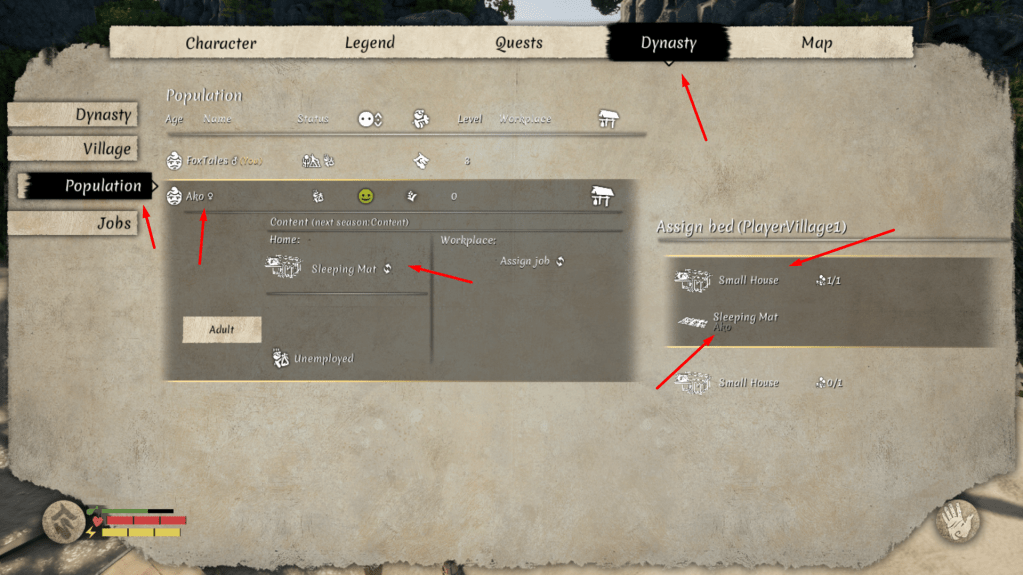 Menu showing how to assign a villager to a specific home.