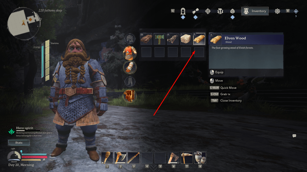 Elven wood in the inventory.