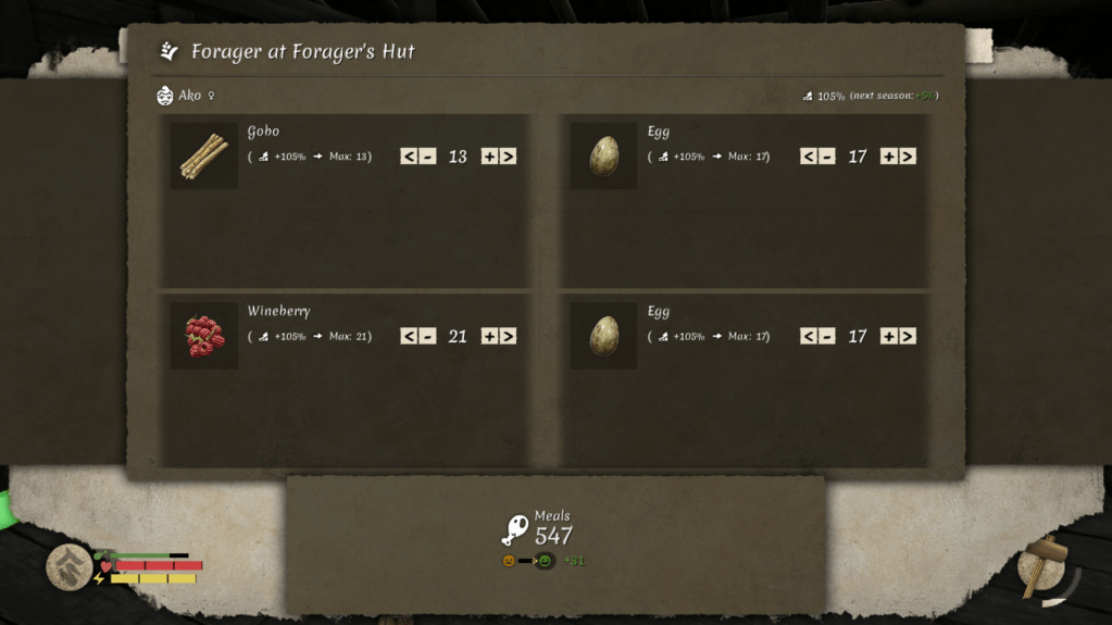 Foraging Hut UI where you can select what items to forage.