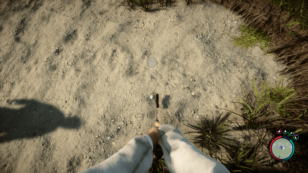 Lining up a shot with the putter.