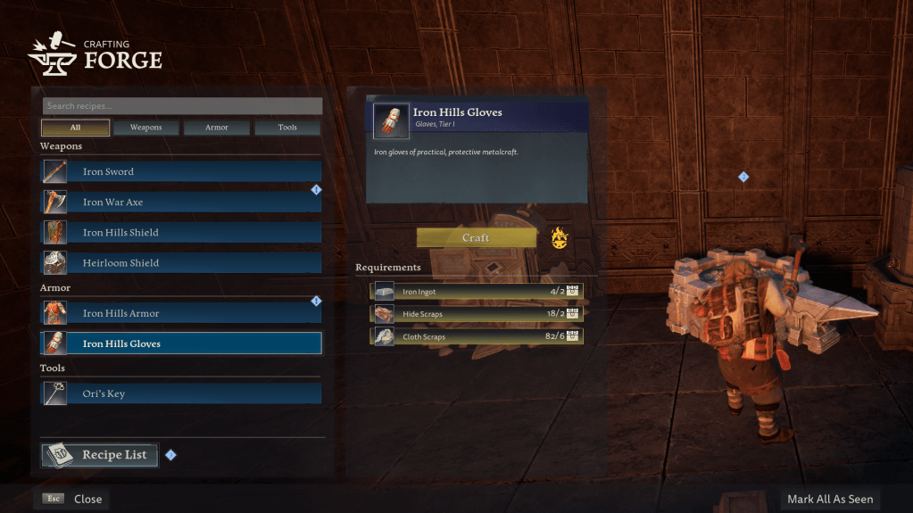 Crafting recipe for iron hills gloves.