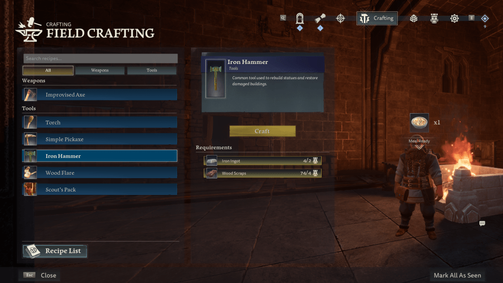Crafting requirements for the iron hammer.