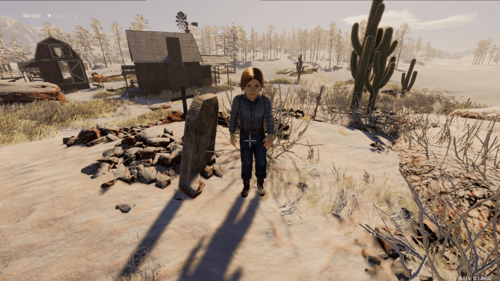 Damien hiding behind a gravestone.