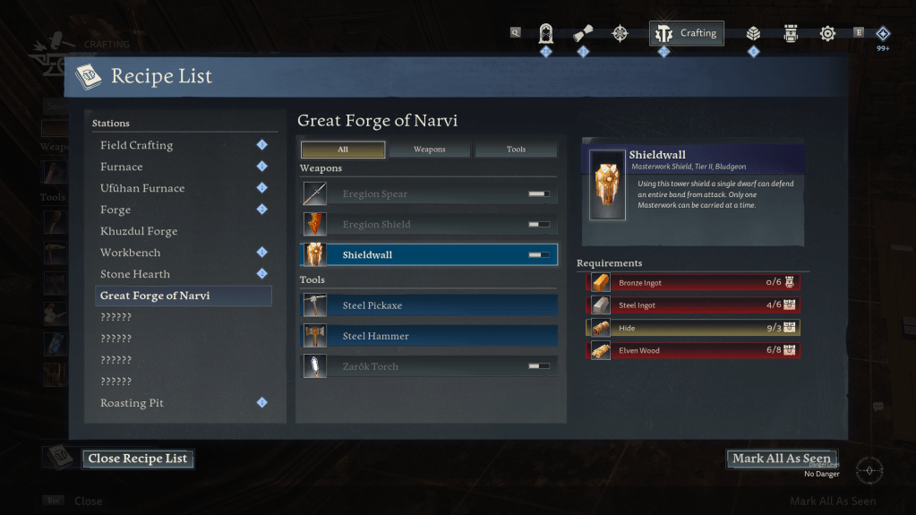 Crafting resources for the Shieldwall.