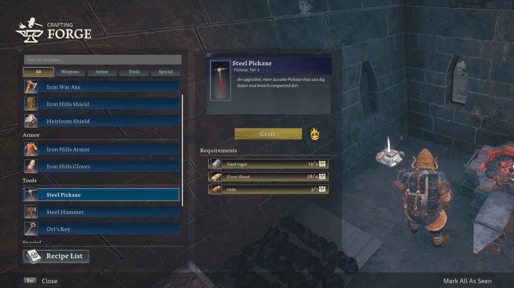 Crafting the steel pickaxe.