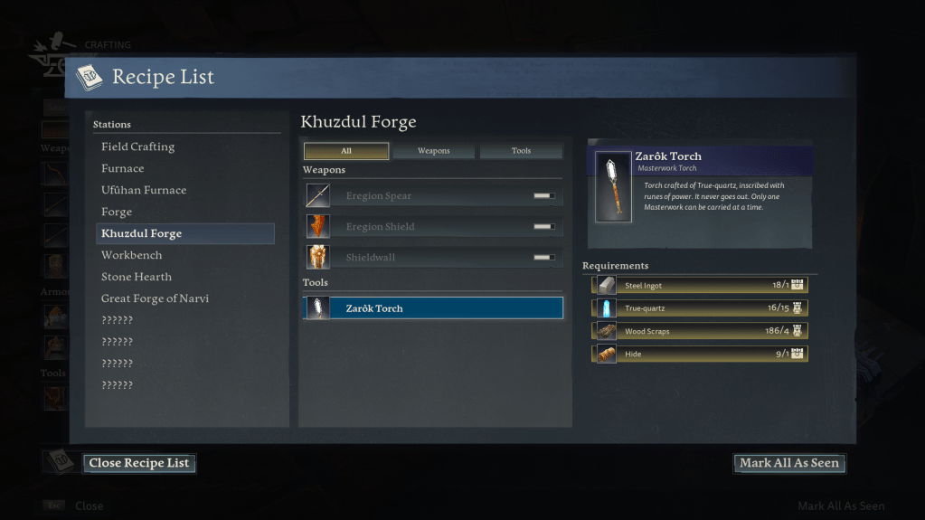 Crafting the Zarok torch.