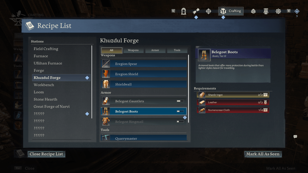 Crafting menu for belegost boots return to moria