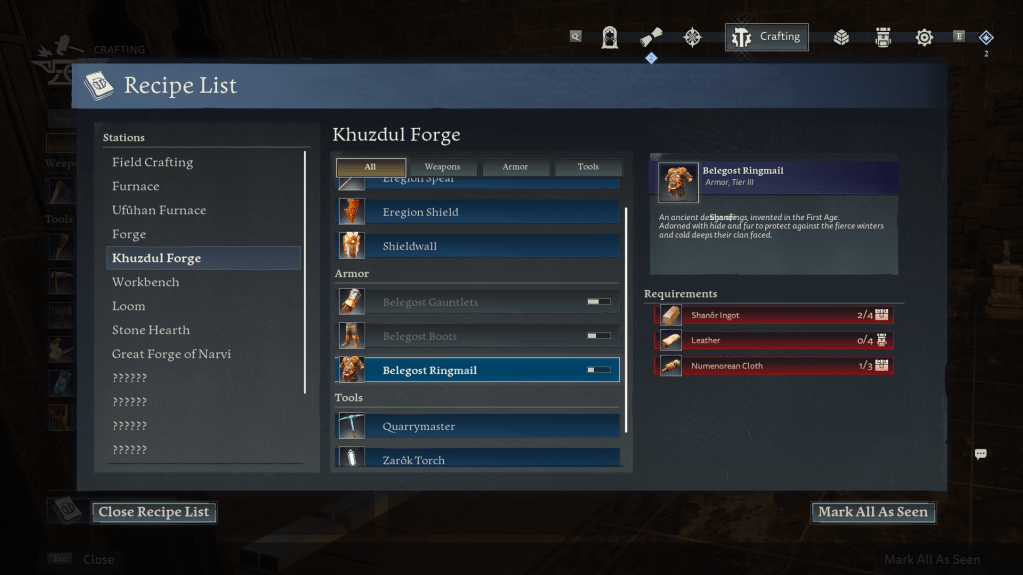 Crafting menu for the belegost ringmail armor return to moria