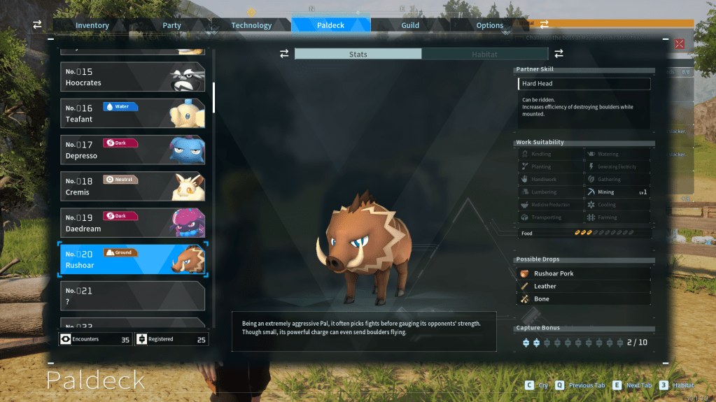 Paldex showing the Rushoar's stats in Palworld
