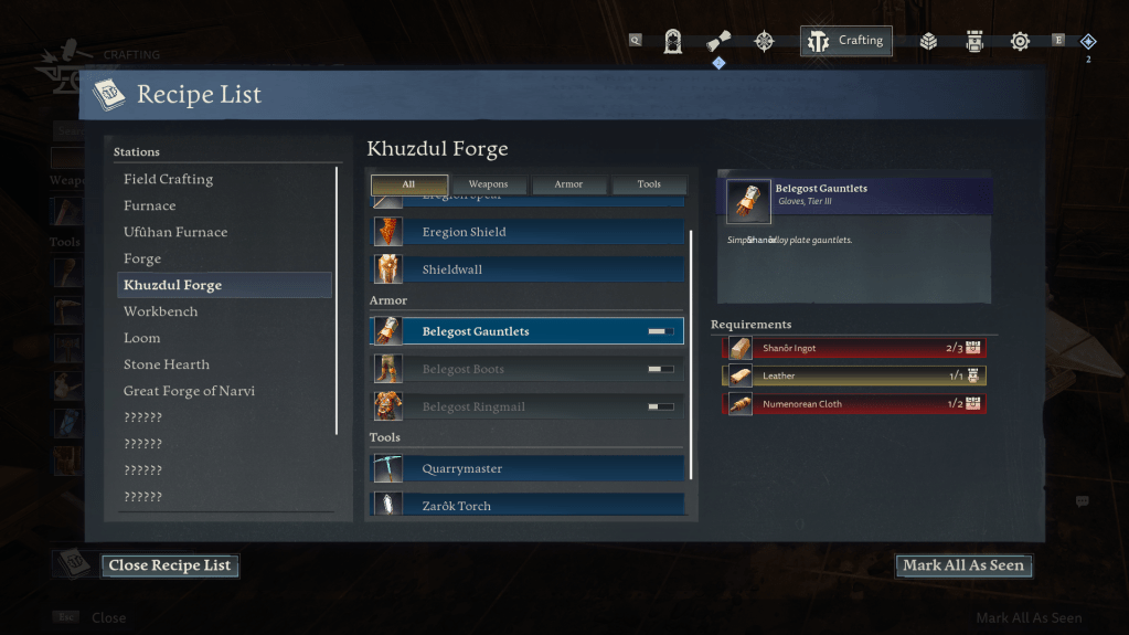 Crafting resources for belegost gauntlets return to moria