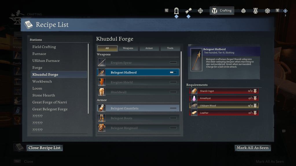 Crafting menu for the Belegost Halberd in return to moria