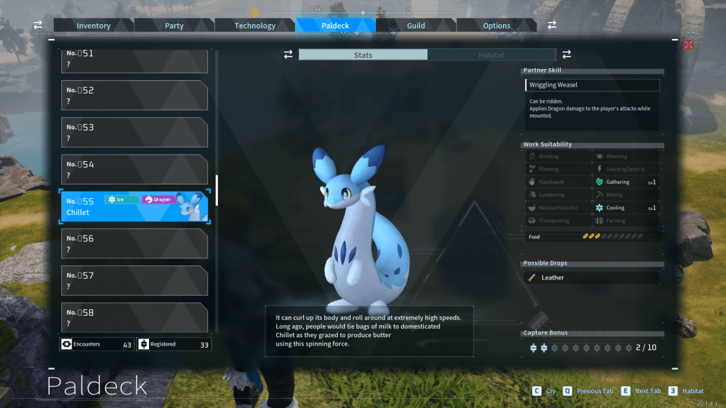 Pal UI of stats for chillet in palworld