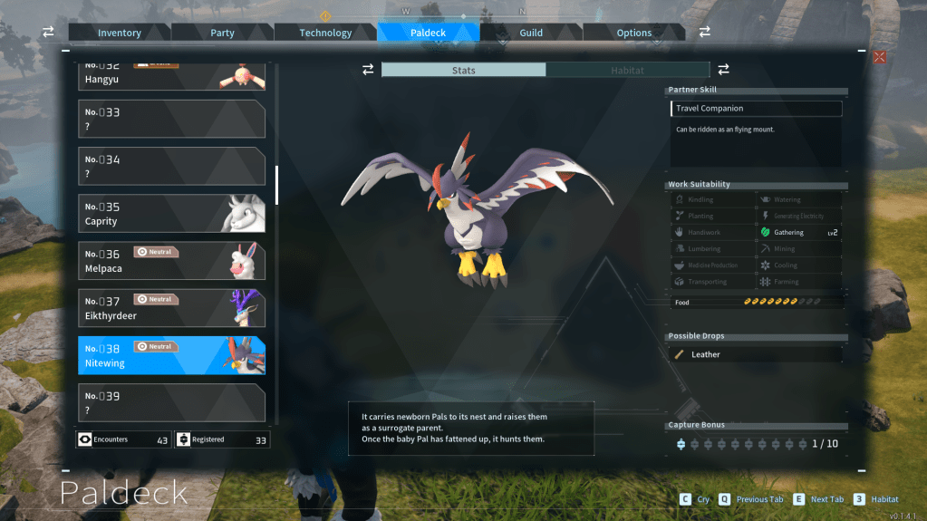 Pal UI with stats on Nitewing in palworld