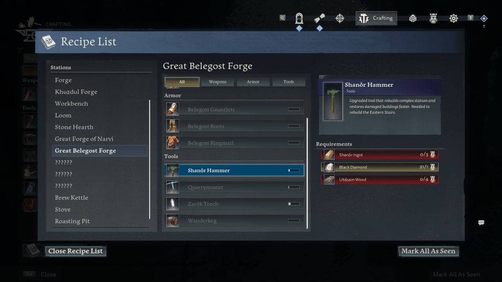 Crafting UI for the Shanor Hammer in return to moria