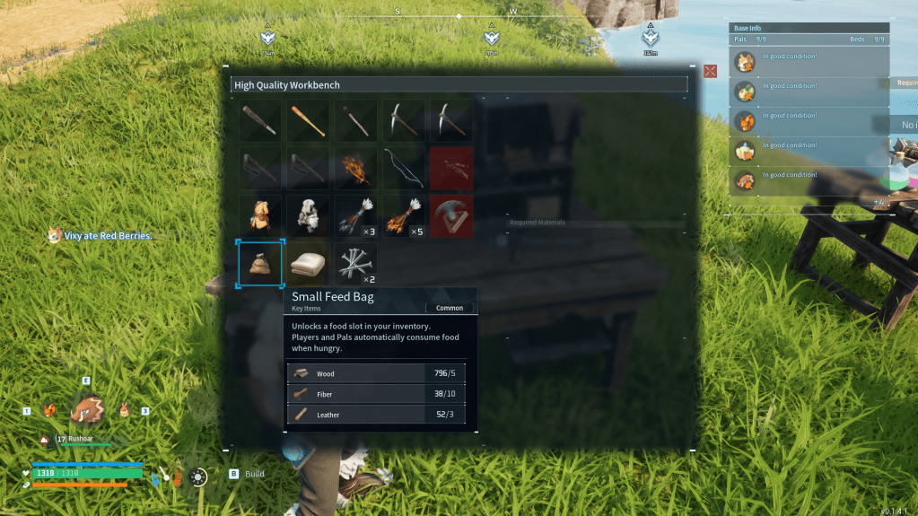 Crafting UI for the feed bag in Palworld