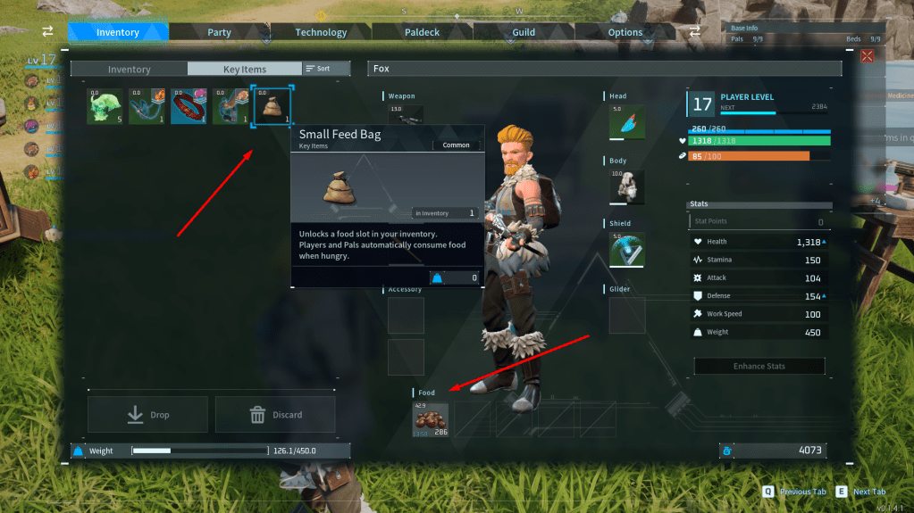 Player inventory UI with the feed bag opening up a food slot in palworld