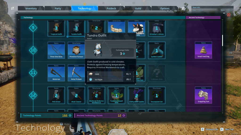 Crafting menu for the tundra outfit in palworld