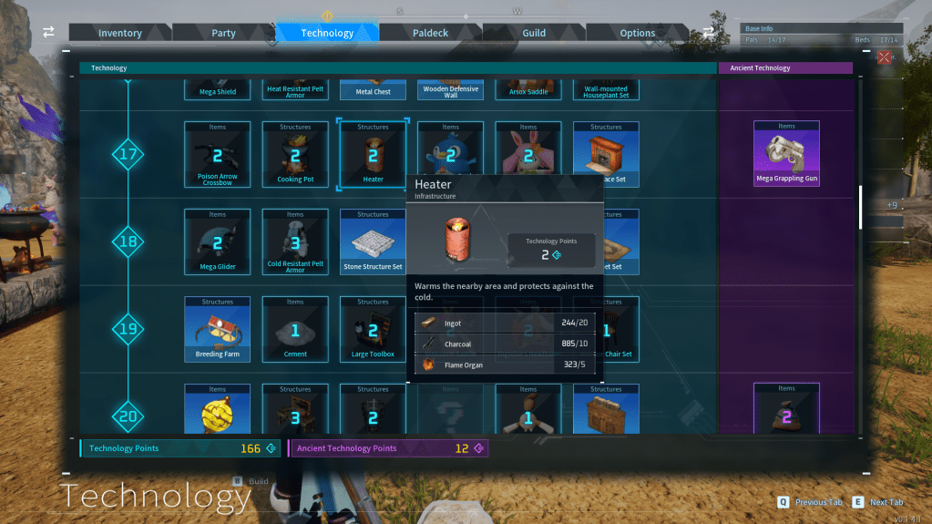 Crafting menu for the heater in palworld