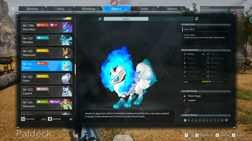 Paldeck entry of Kitsun in Palworld