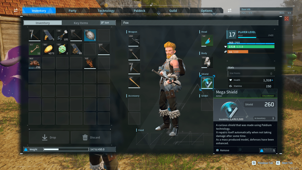 Inventory UI of gear in palworld