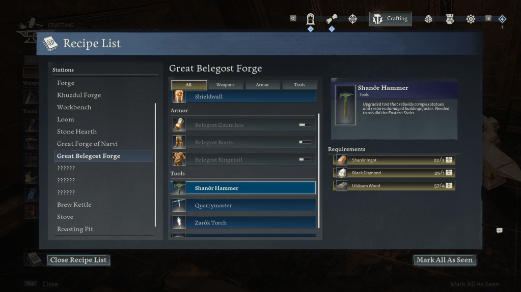 Crafting menu for the shanor hammer in return to moria