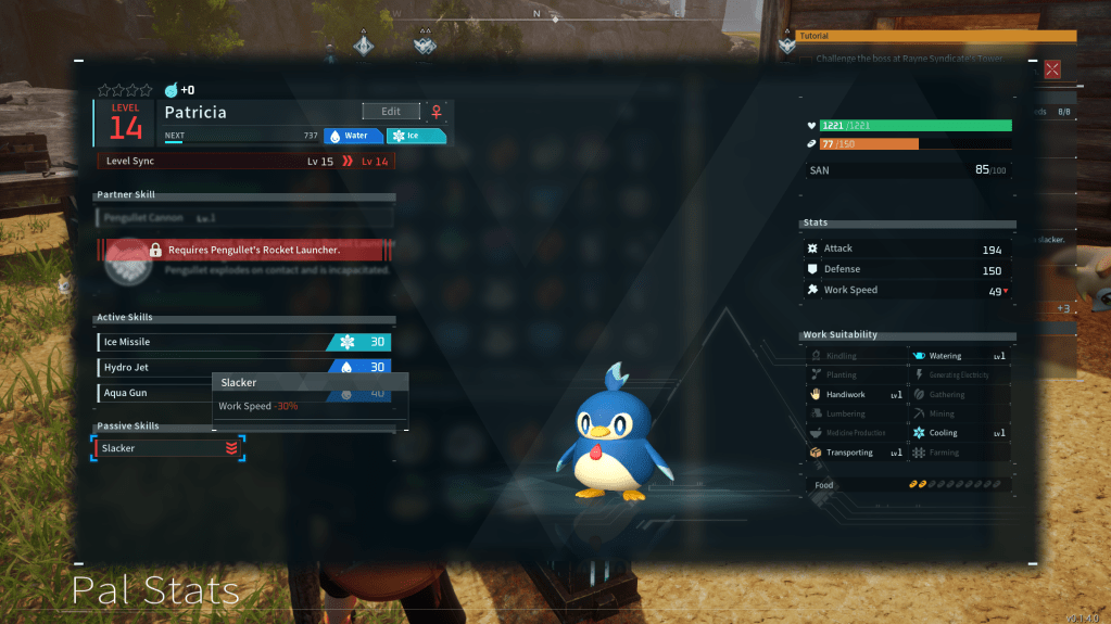 A Pal with the Slacker skill in Palworld
